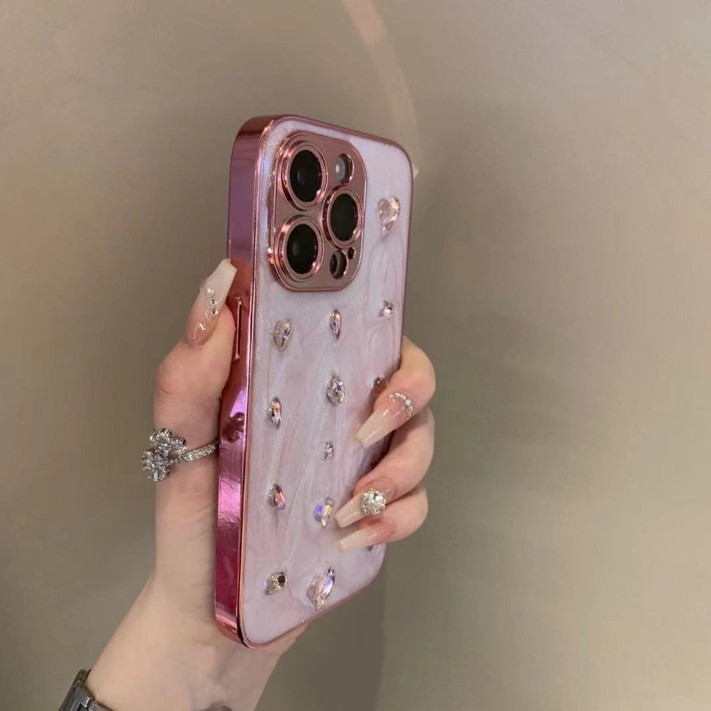 เคสโทรศัพท์มือถือแข็ง ชุบไฟฟ้า กันกระแทก สีชมพู สําหรับ iPhone15 14 13 12 11 Pro Max