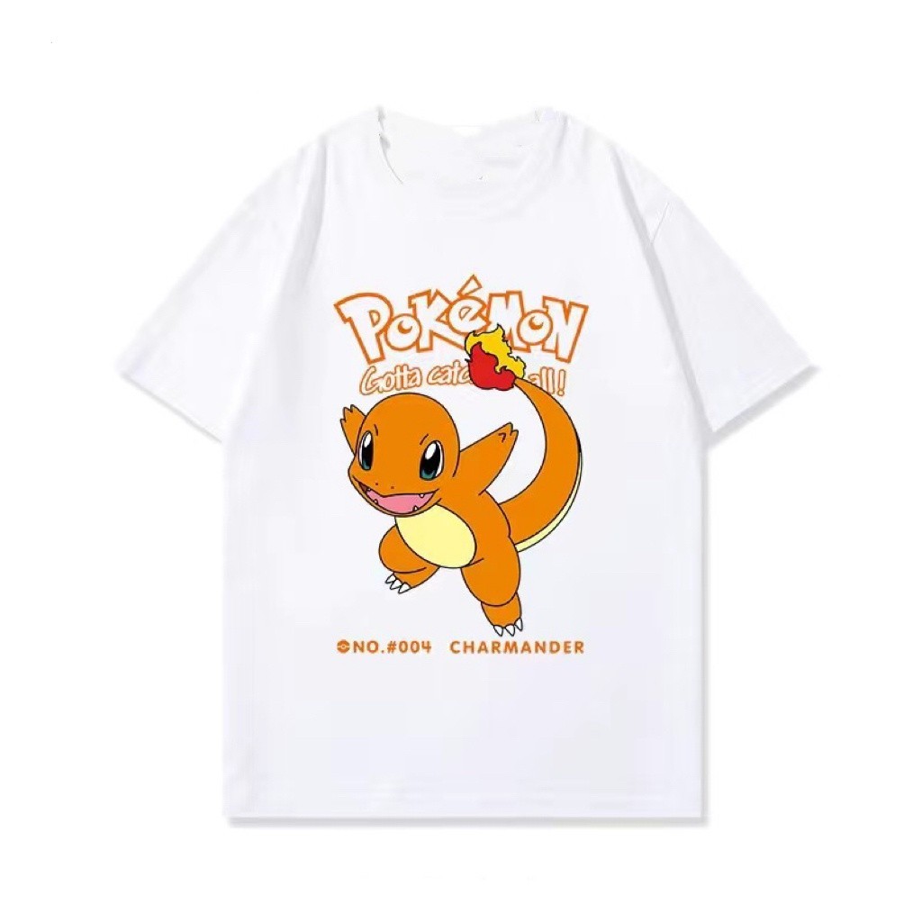 2024 แฟชั่น เสื้อยืดพิมพ์ลาย Pikachu น่ารัก Pokemon ผ้าฝ้ายแท้แขนสั้นสำหรับผู้ชายและผู้หญิง เสื้อผ้า