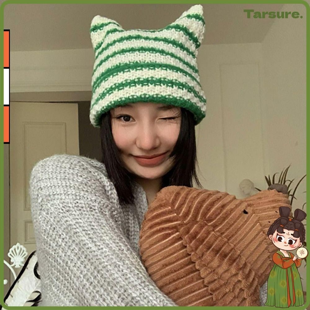 Tarsureth Y2K Harajuku Punk Gothic Knitted Cat Ear Little Devil Hat Women Kawaii Designer Winter Handmade Beanie Female Caps
