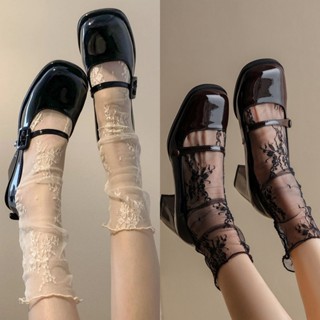 💖พร้อมส่งในไทย🧦ถุงเท้าลูกไม้สีทึบ ถุงเท้ายาว jk ญี่ปุ่น เบา …