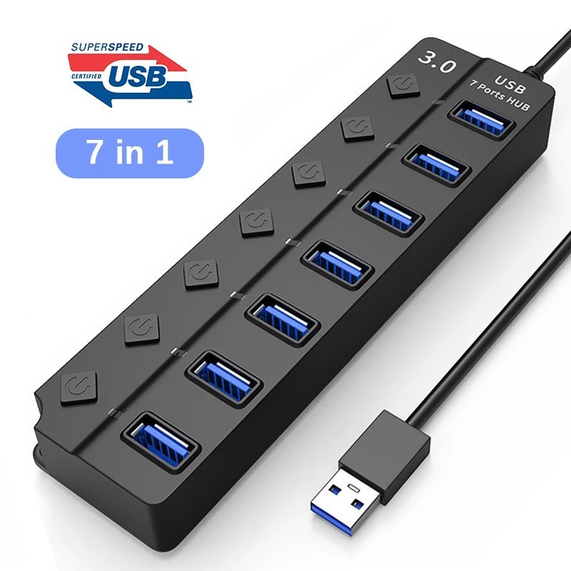 Usb A HUB 7 in 1 USB to USB 3.0 2.0 Splitter Docking Station USB3.0 HUB พร้อมอะแดปเตอร์ไฟ 5Gbps วันที่ Transfer ชาร์จสําหรับ PC แล็ปท็อปเมาส์คีย์บอร์ดเครื่องพิมพ์