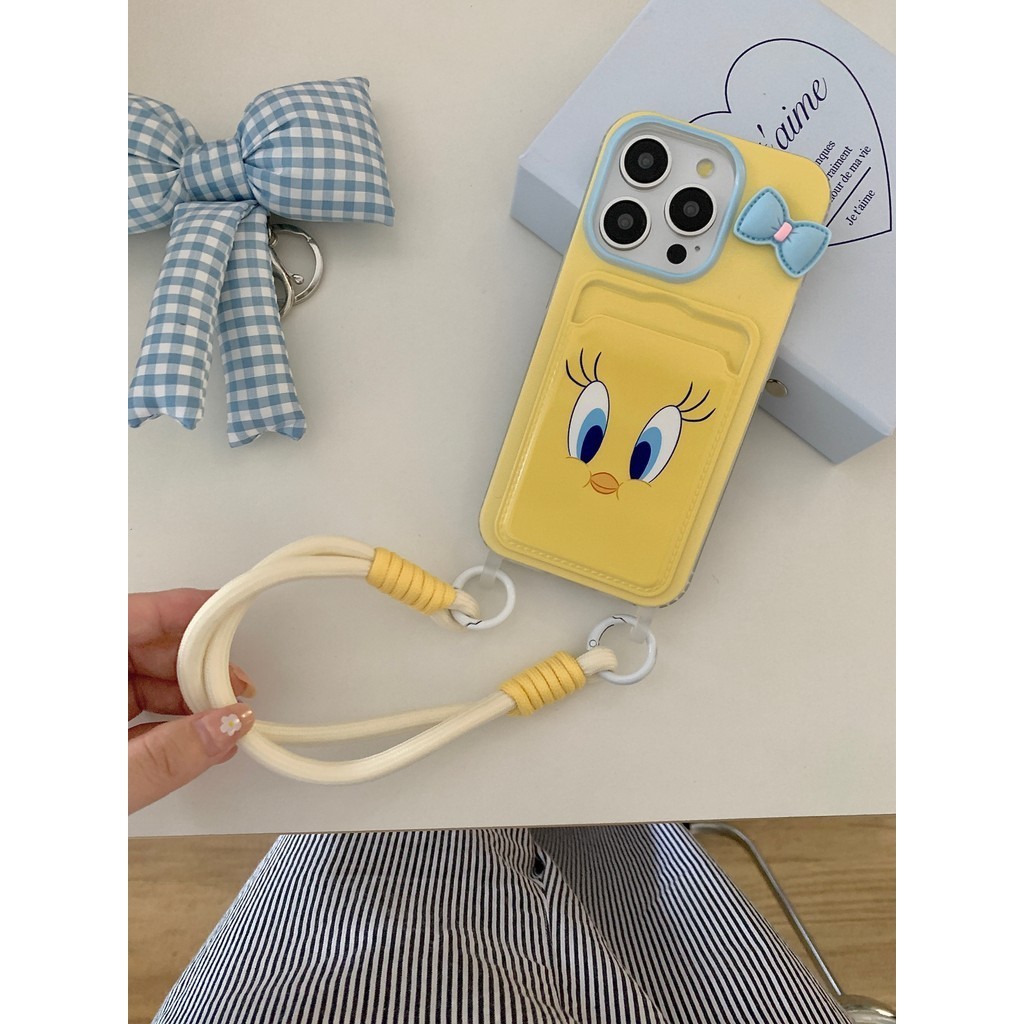 Blue Bowknot TwentyBird back Card Holder TPU สําหรับ Apple IPhone 15 14 13 12 Pro Max กันกระแทกเชือกสร้อยข้อมือกรณี