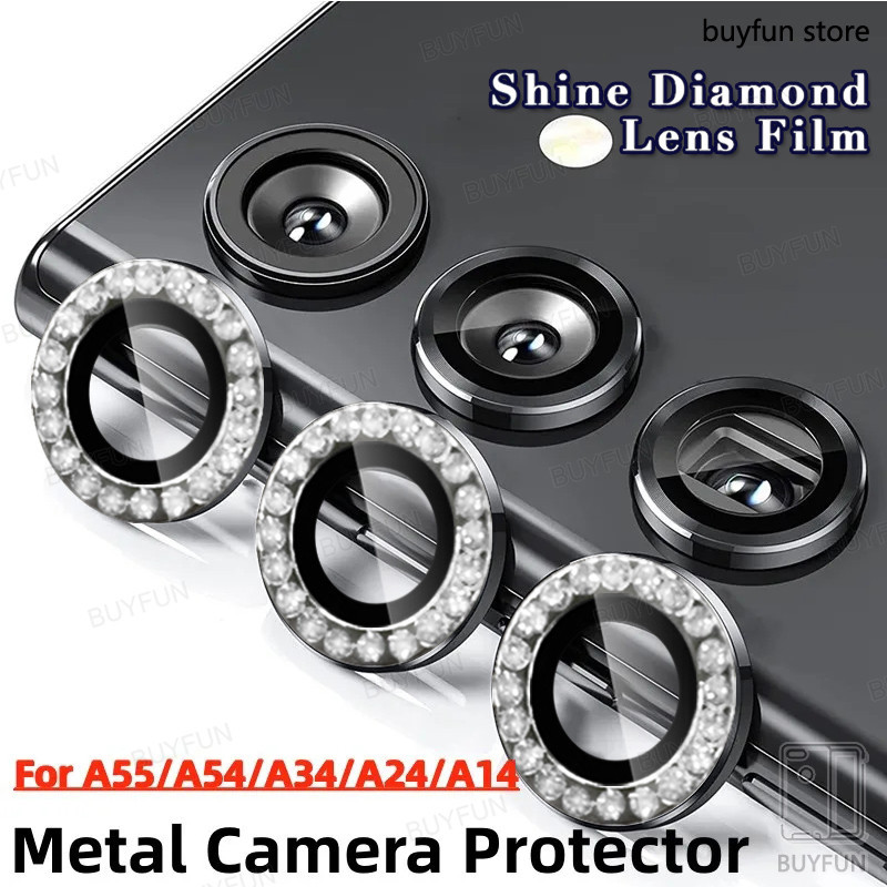 3d โค้งกระจกนิรภัยกล้องเลนส์ Protector Matel กรอบป้องกันแหวนสําหรับ Samsung Galaxy A55 A54 55 54 A14 A15 a34 a35 เพชรฝาครอบ Shine หมวก