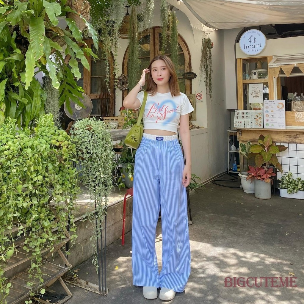 [ส่งจากไทย ] -ผู ้ หญิงลายเอวยางยืดเอวสูงตัวอักษรป ้ ายกางเกงขากว ้ างพร ้ อมกระเป ๋ าแฟชั ่ นลําลอง