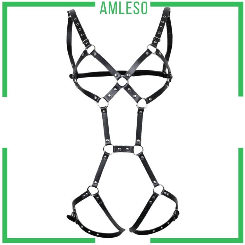 [ Amleso ] Leather Full Body Harness Strap Leg Strappy Cosplay Hollow out Noir-5