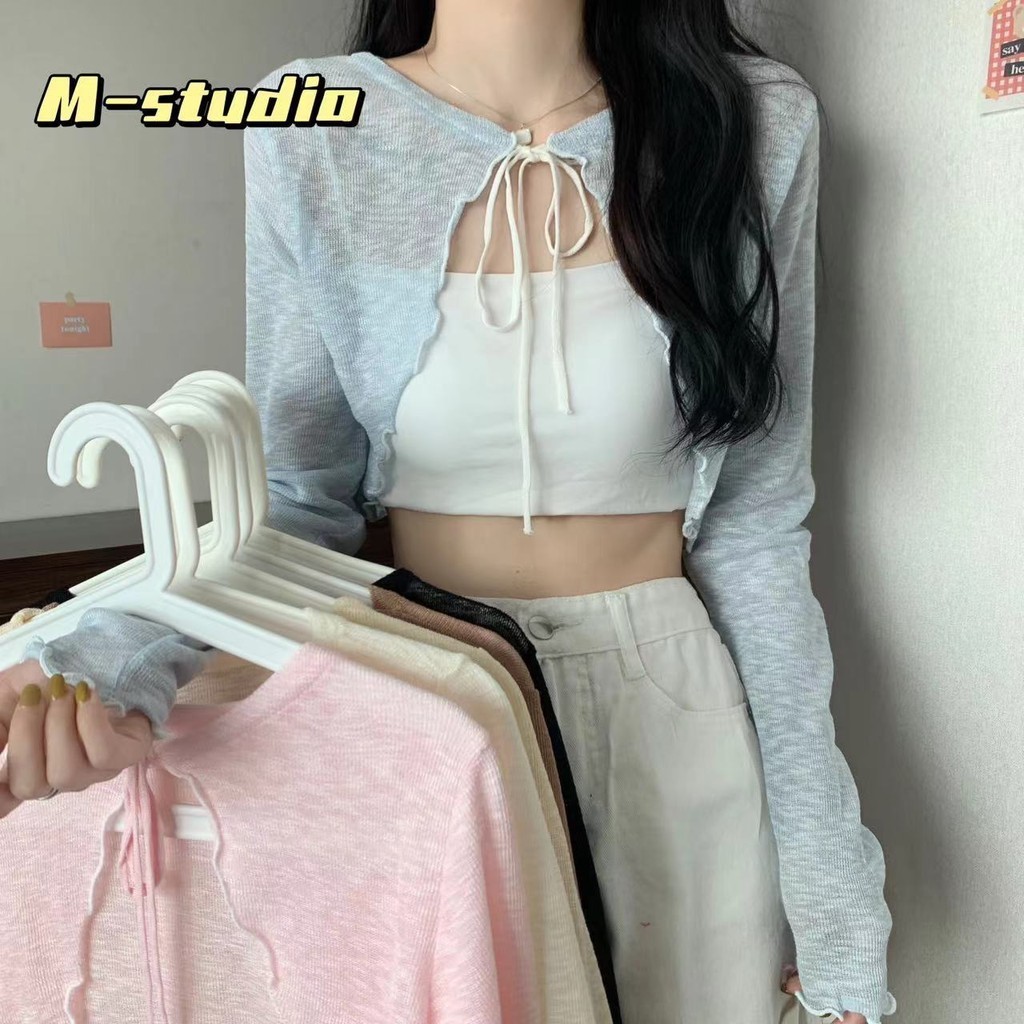 MAเสื้อคลุมแขนยาวสีพลาสเทลสวยๆแต่งชายระบายเชือกผูกโบว์ที่คอ น่ารักเวอร์ เสื้อคลุมกันแดดแขนยาว(Q605)