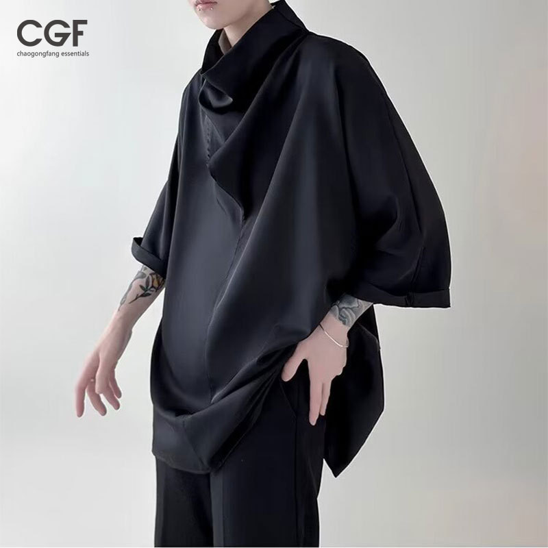 Chaogongfang essentials หลวมบุคลิกภาพสบายๆคอสูงเสื ้ อยืดแขนสั ้ นผู ้ ชายญี ่ ปุ ่ นลมมืดแขนห ้ าส ่ วน