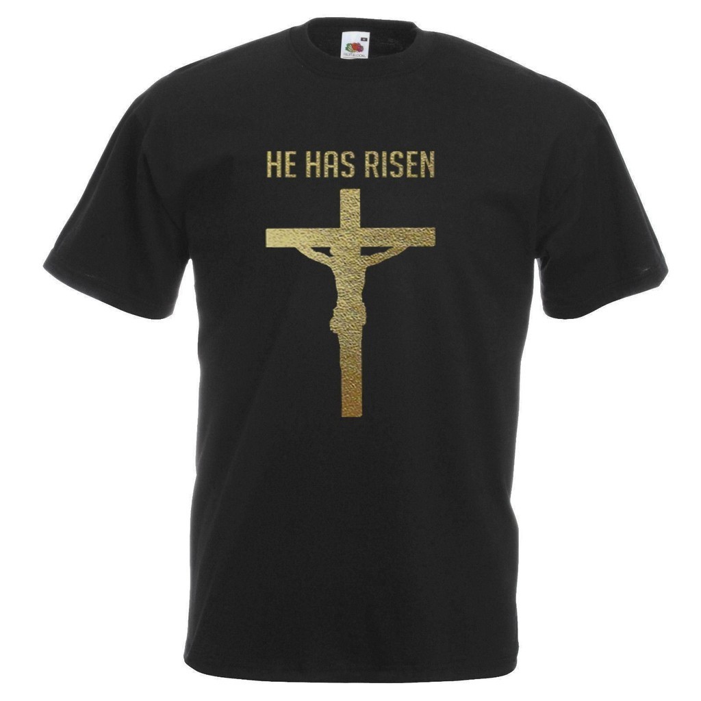 Unisex สีดําเขามี Risen Crucifix พระเจ้าพระเยซูศาสนาคริสต์เสื้อยืด