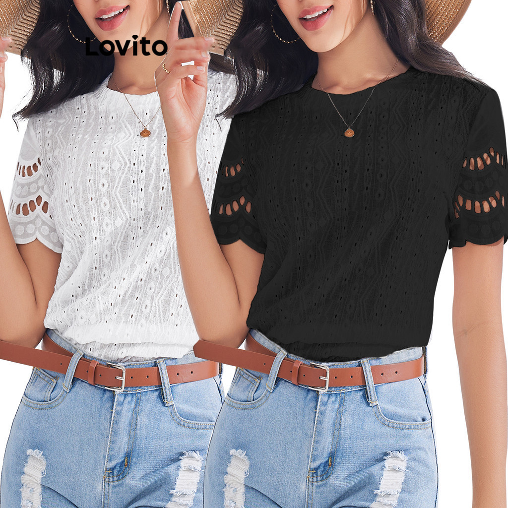 Lovito เสื้อเบลาส์ผู้หญิง ผ้าแจ็คการ์ด สีพื้น สไตล์ลำลอง LBE03005 (สีขาว)