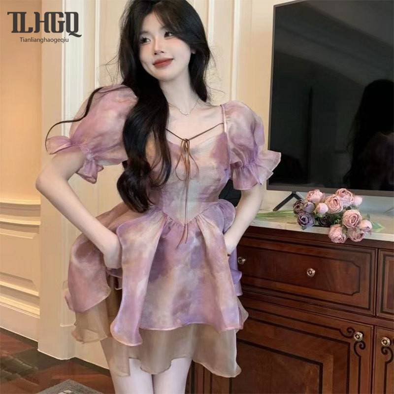 Tian-lianghaogeqiu [ซิปที่มองไม่เห็น] กระโปรงปุยมัดย้อมสีม่วงฤดูร้อนใหม่ชุดที่สมบูรณ์แบบย้อนยุค