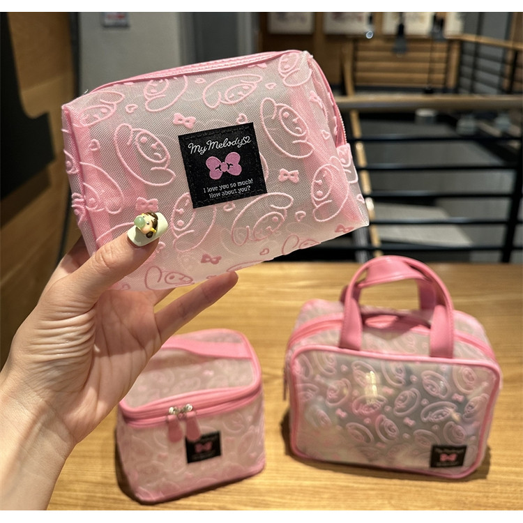 กระเป๋าเครื่องสําอาง การ์ตูนน่ารัก PVC กันน้ํา Bowknot Gauze เดินทางแบบพกพากระเป๋าแป้งลิปสติก Pressed Powder กระเป๋าแต่งหน้า SANRIO