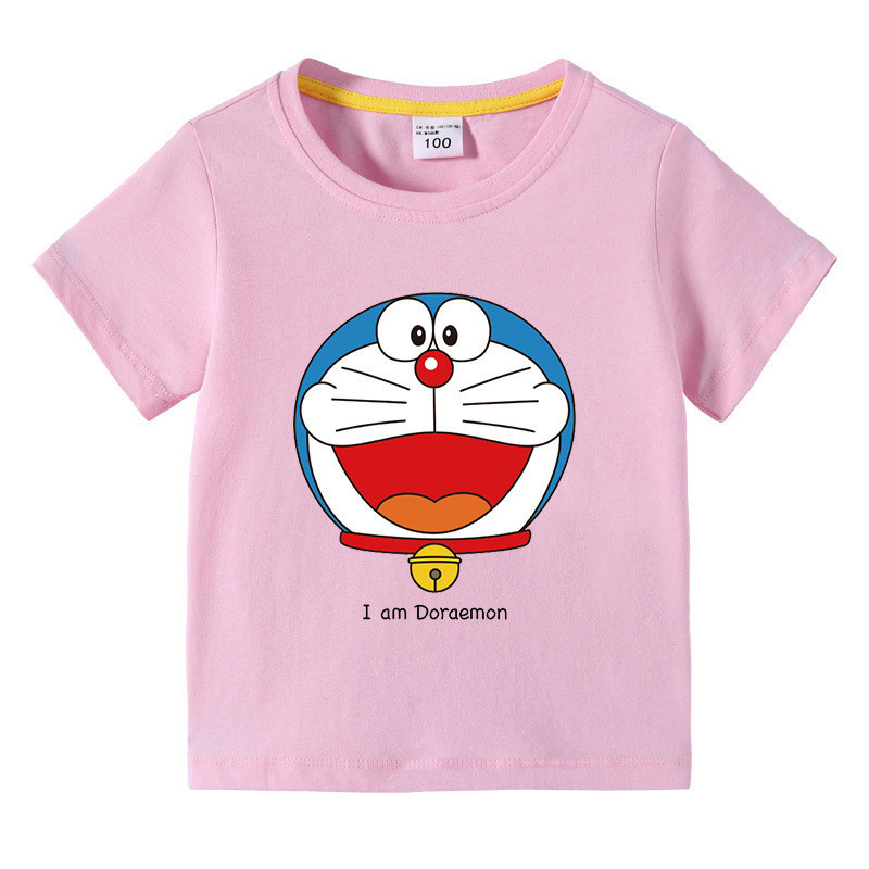 ฤดูร้อนโดราเอมอนหุ่นยนต์แมวเด็กแนวโน้มแขนสั้นเสื้อยืดเด็กชายและเด็กหญิงทารกครึ่งแขนด้านบน