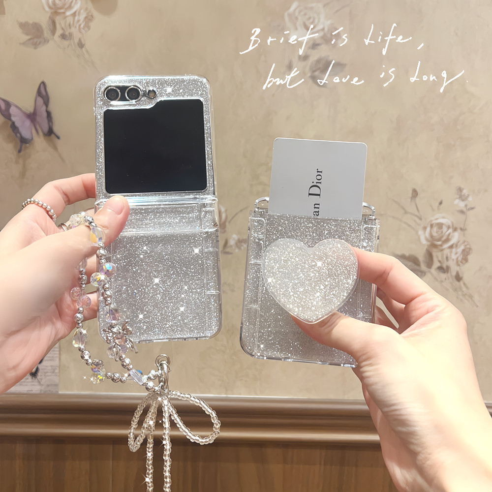 Glitter ช่องใส่การ์ดสําหรับ Samsung Galaxy Z Flip5 4 Z Flip 3 หัวใจผีเสื้อออกแบบ Z Flip4 Z Flip3 พร้อมสายคล้อง Bling เคสโทรศัพท์