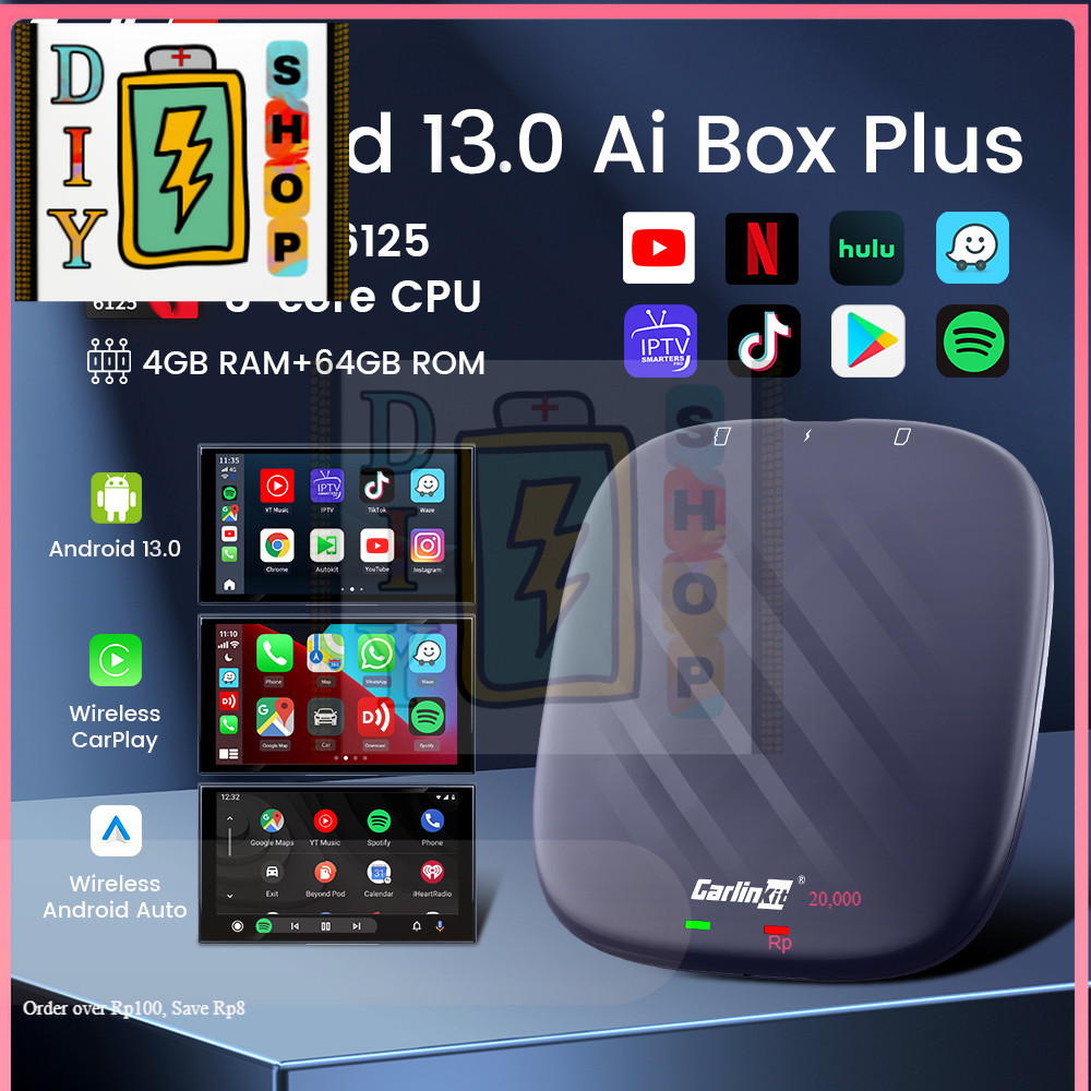 [ส่งด่วนในไทย]Carlinkit CarPlay Ai Box Plus Android 13 4+64GB QCM 8-Core 6125 CarPlay ไร้สาย Android Auto YouTube Netfli