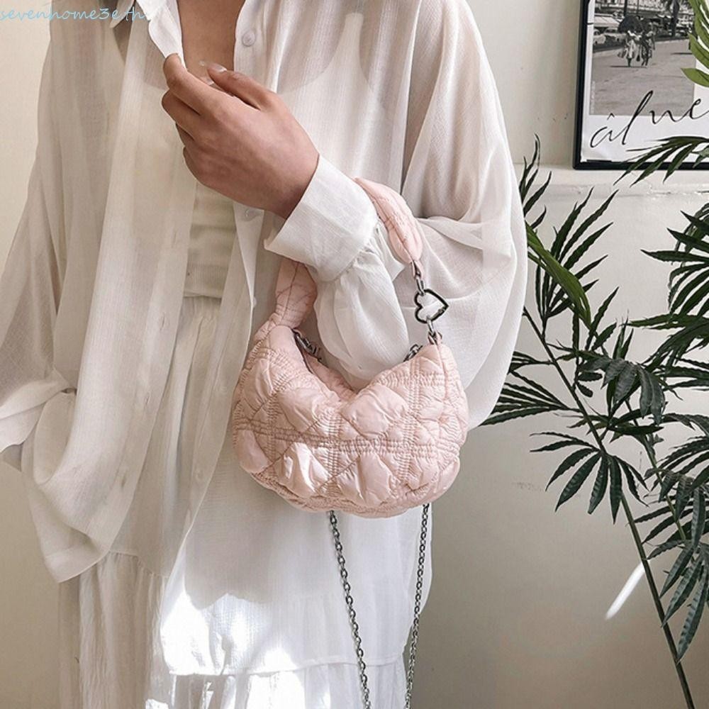 Sevenhome3e Rhombus กระเป๋าถือลายสก๊อต,สไตล์เกาหลี Love Heart Buckle Space กระเป๋าสะพายผ้าฝ้าย,น่ารักลายสก๊อตเกี๊ยวกระเป๋า Bright PU Bubble Cloud กระเป๋าสาว