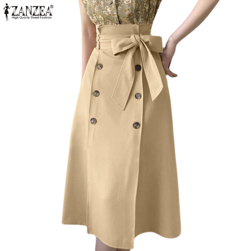 Zanzea ผู ้ หญิงเกาหลีเอวสูงซิปเข ็ มขัดตกแต ่ งปุ ่ ม A-Line Dress Overskirts