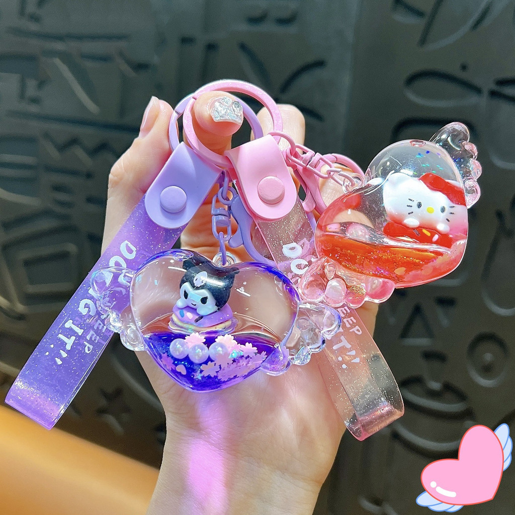 Creative Sanrio Love Heart พวงกุญแจน ่ ารัก Liquid Glitter จี ้ ของขวัญขนาดเล ็ ก