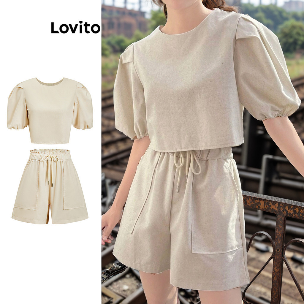 Lovito ชุดเซ็ทกางเกงขาสั้นผู้หญิง แต่งจีบ มีเชือกผูก สีพื้น สไตล์ลำลอง L80ED049