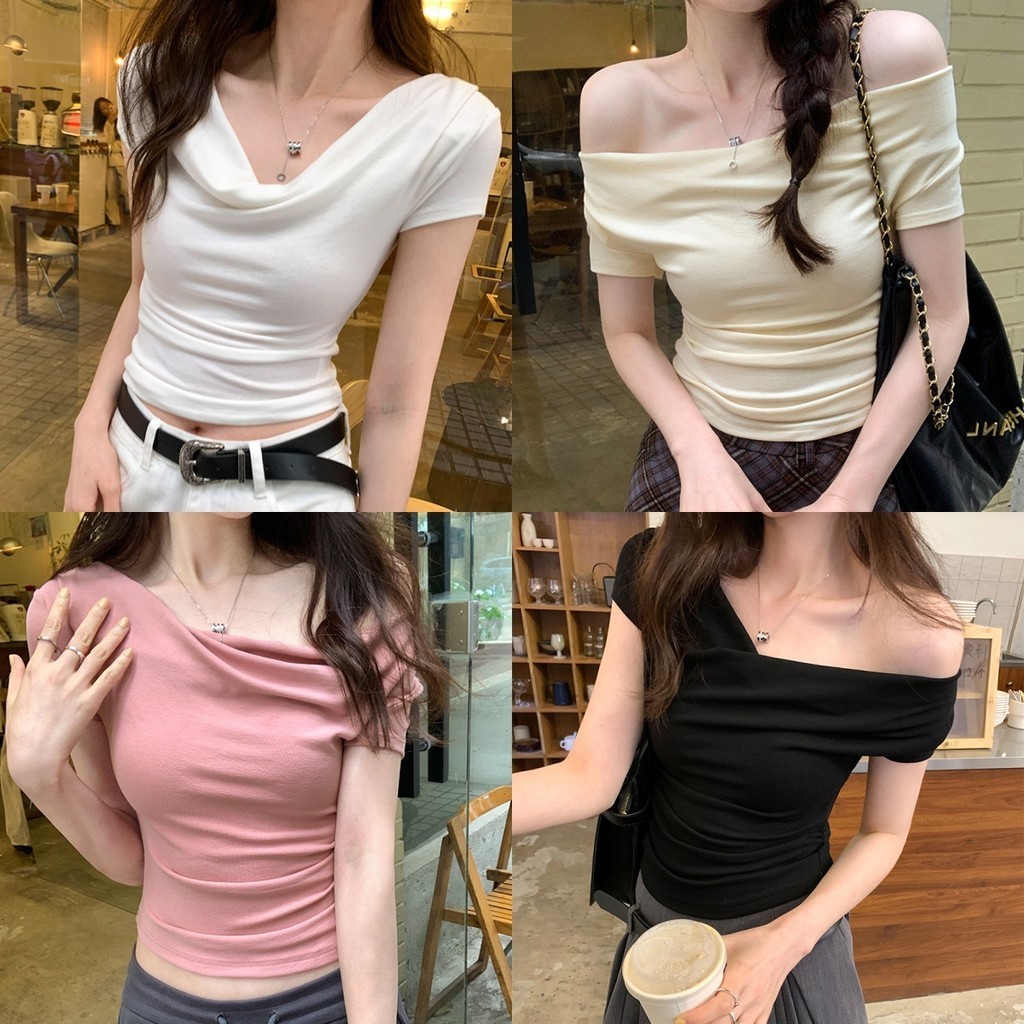 Anne ครอปแขนสั้น ผ้าเรย่อน สีพาสเทล เสื้อยืดผู้หญิง สามวิธีในการแต่งตัว #X222