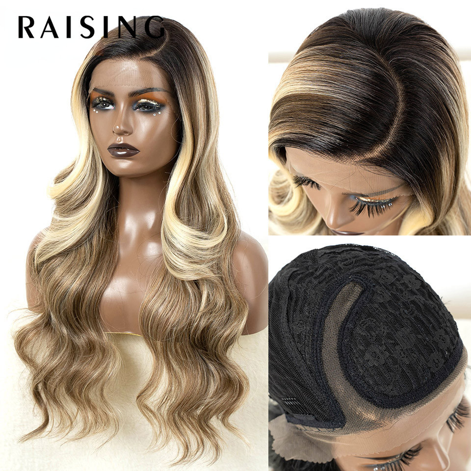 Raising วิกผมสังเคราะห์ด้านหน้าสําหรับผู้หญิง 26 นิ้ว C ส่วนวิกผม Ombre สีน้ําตาลคลื่นร่างกายลูกไม้วิกผมไฮไลท์คอสเพลย์วิกผม