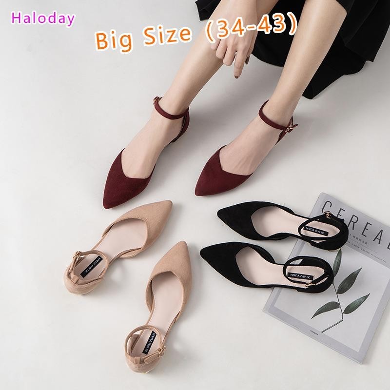 รองเท้าผู้หญิงไซส์ใหญ่ 34-43 แบน พื้นกันลื่น สวมใส่สบาย สีดํารูปทรงหัวแหลม ระบายอากาศดี เหมาะสําหรับฤดูร้อน