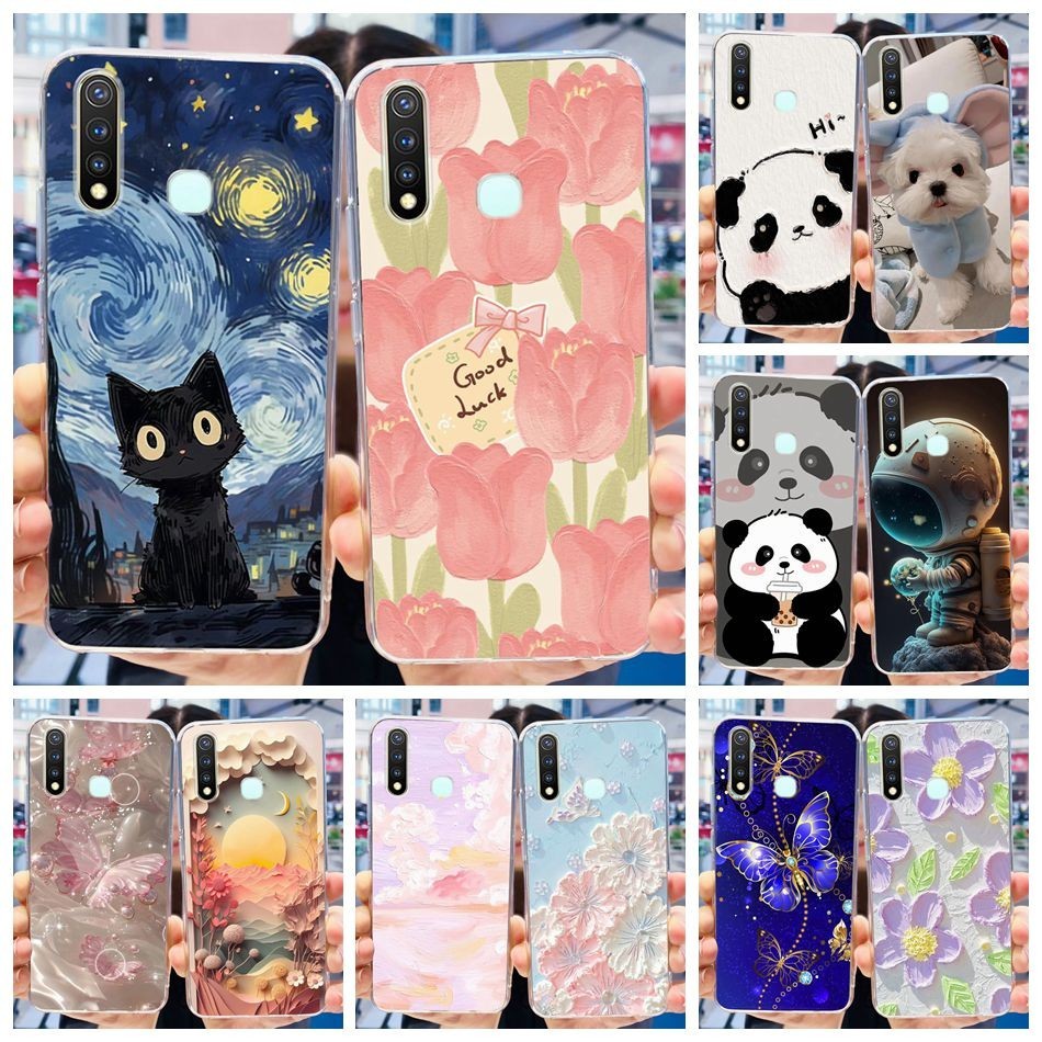 Vivo Y19 / Y5s / Z5i / U3 / U20 / Vivo 1915 Cute Cat Panda Flower Painted Soft Silicone TPU Phone Ca