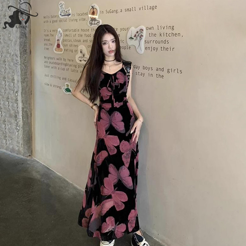 Lishu ฤดูร้อน Vintage ผีเสื้อพิมพ์สปาเก็ตตี้ผู้หญิง Holiday Sheath ชุด th