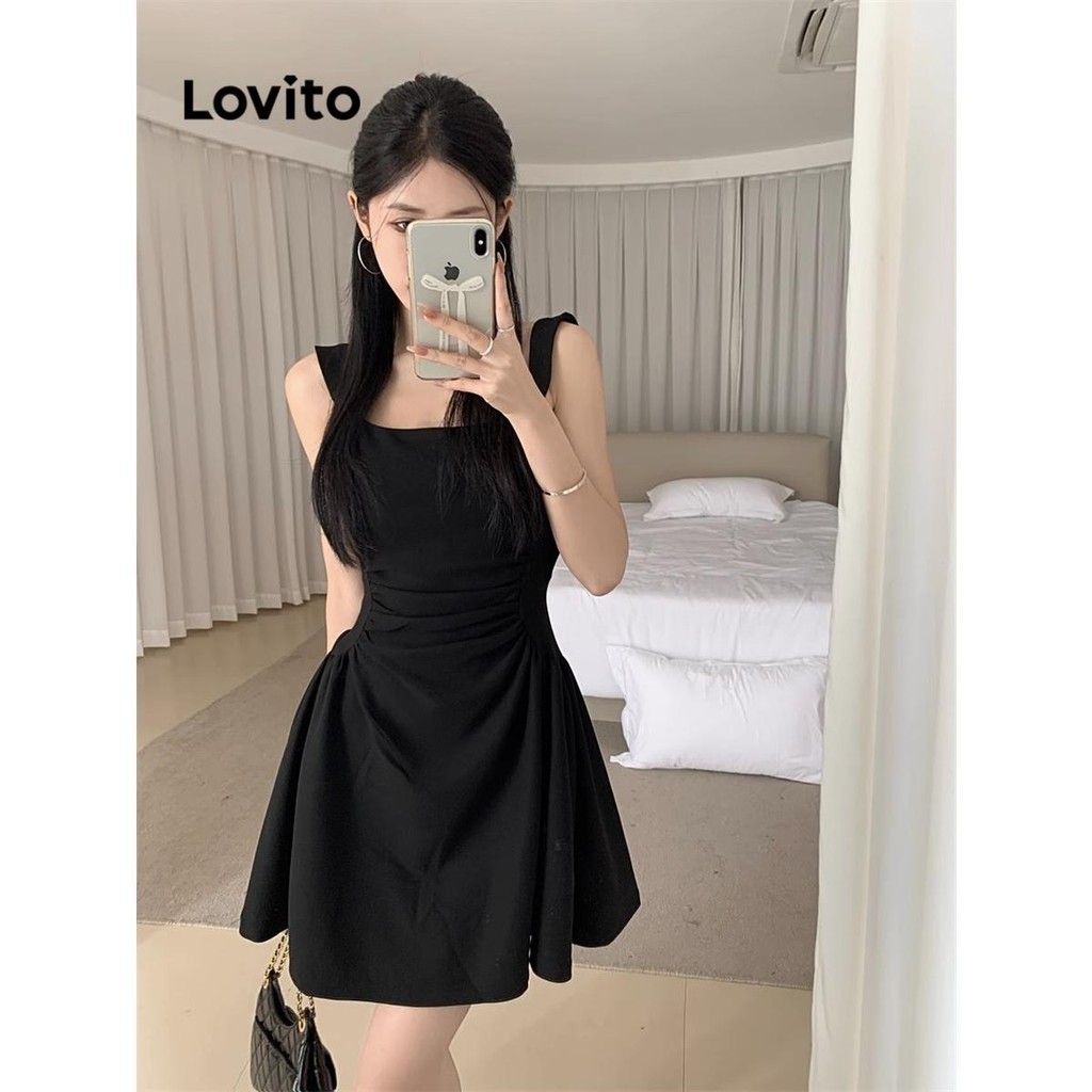 Lovito ชุดเดรสผู้หญิง จับจีบ สีพื้น สไตล์ลำลอง LNA57166