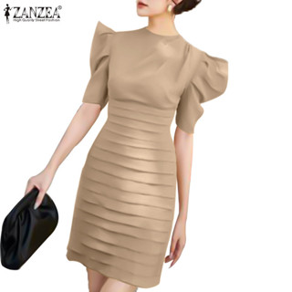 ZANZEA ซานเซีย ผู้หญิงเกาหลีหรูหราจีบสีธรรมดาหลวมแขนสั้นชุดเ…