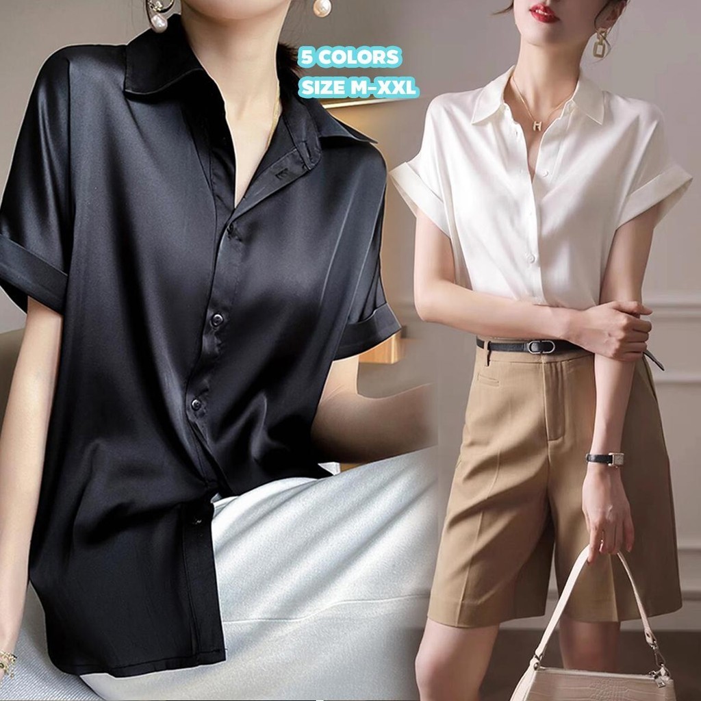 MIMI&DIDI#เสื้อเชิ้ตแขนสั้นสีดำผู้หญิง ฤดูร้อน เสื้อเชิ้ตแฟชั่นคอโปโลฝรั่งเศสด้านบน ใส่ทำงาน ทุกกาลเทศะ เก๋ๆ#W413