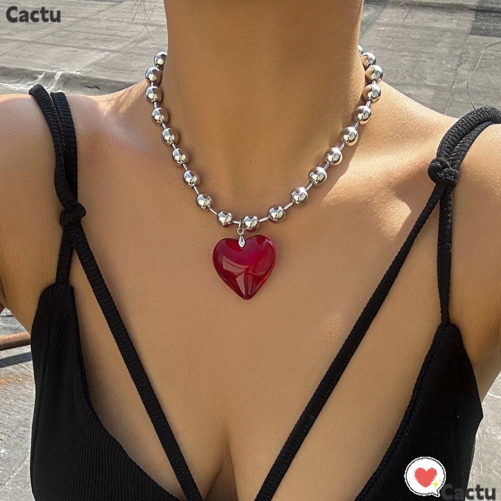 Cactu สร้อยคอโชคเกอร์ ประดับลูกปัด จี้รูปหัวใจ ขนาดใหญ่ สไตล์ฮิปฮอป โรแมนติก สําหรับผู้หญิง