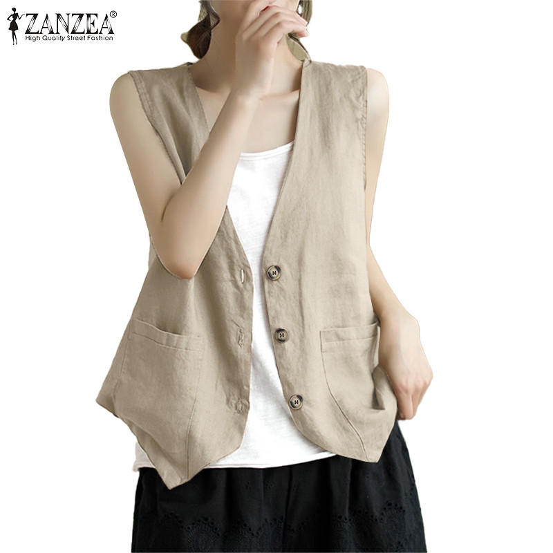 ZANZEA ใส่ ซานเซีย ผู้หญิงเกาหลีหลวมกระเป๋าปุ่มแขนกุดคอวีสีทึบเสื้อกั๊ก