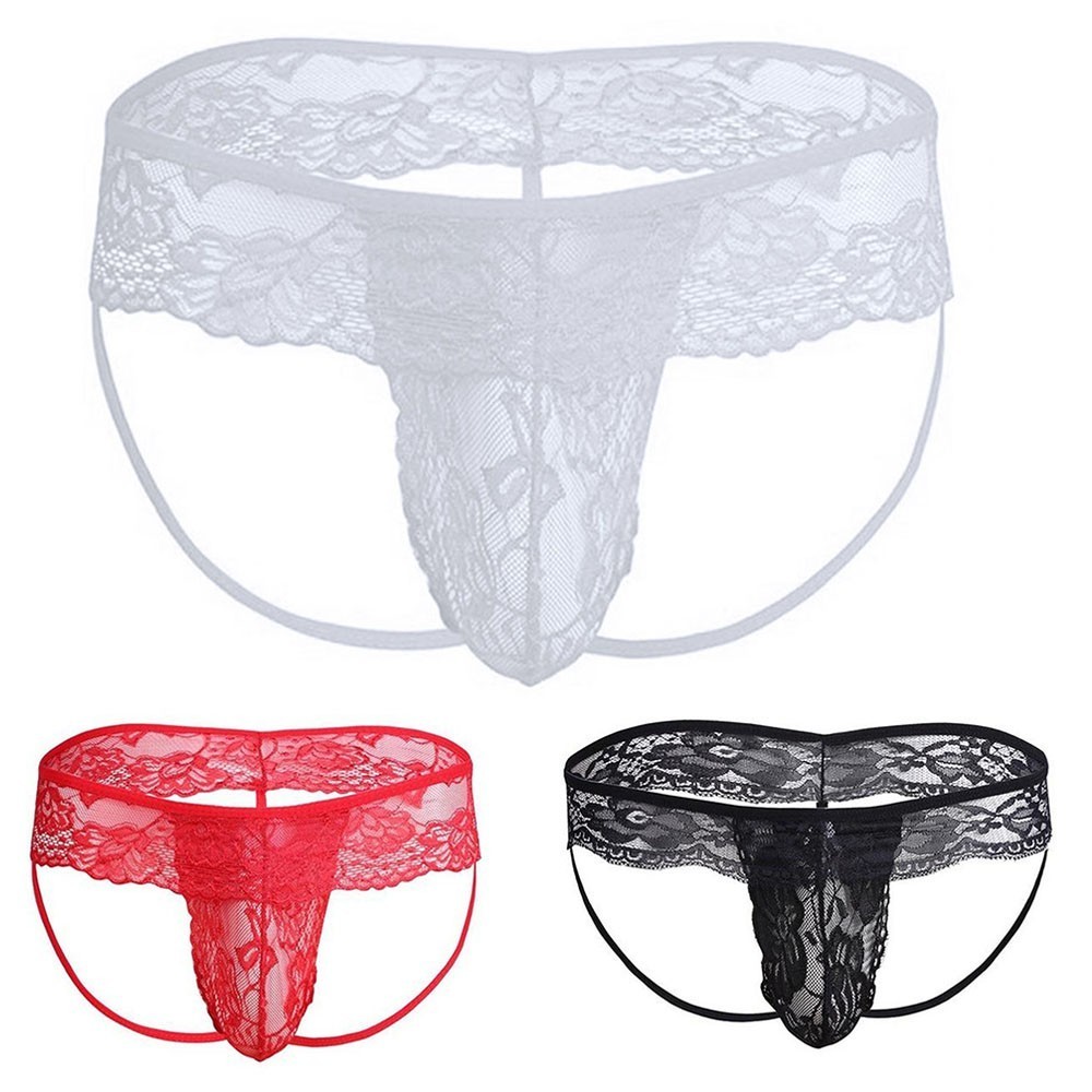 สต็อก Men Lace See Through Sissy Pouch Thong Briefs รูปที่ 4