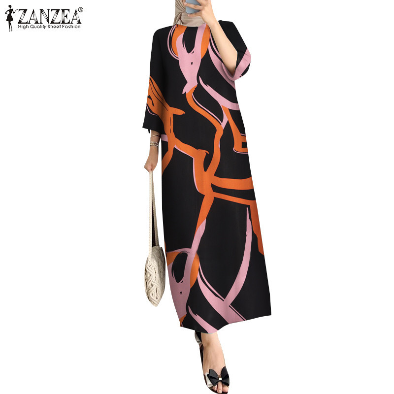 ZANZEA ใส่ ซานเซีย ผู้หญิงมุสลิมสบายๆปุ่มกลางความยาว3/4แขนชุด