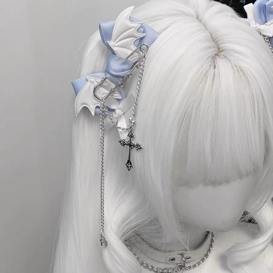 ขายร้อน!F & X lolita Hair Band กิ๊บติดผมเหมืองโฮมเมด Asian Cultural Headdress Blue Embellishment Cross All-Match คู่คลิปโบว์