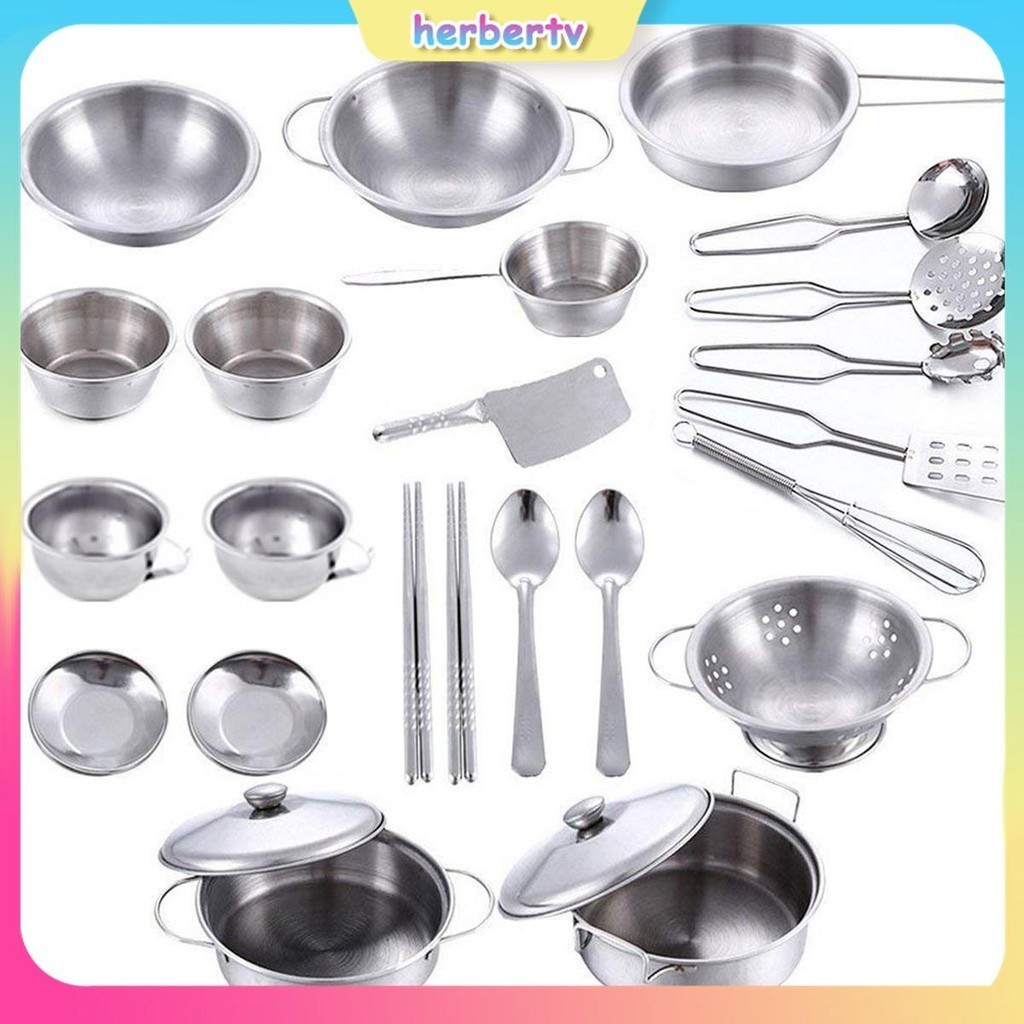 25 ชิ้นแกล้งทําเป็นชุดเครื่องครัวสแตนเลส Playset หม้อกระทะอุปกรณ์ทําอาหารชุด SHOPSBC2578 - รูปที่ 4