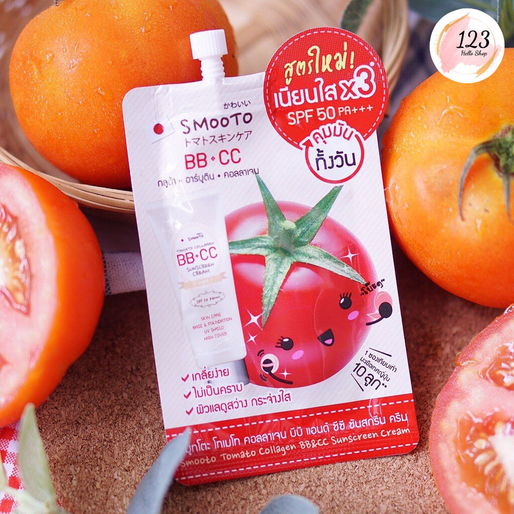 (6 ซอง/กล่อง) สูตรใหม่ Smooto Tomato Collagen BB&CC Creaml สูตรใหม่ สมูทโตะ โทเมโท่ คอลลาเจน บีบี & 