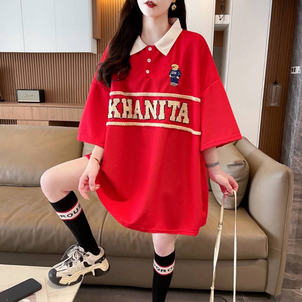 เสื้อแขนยาวคอปก Oversize (อก 52-60 นิ้ว) เสื้อโปโล เสื้อคู่ ปัก KHANITA ปักหมีที่อก ผ้าวาฟเฟิล A75