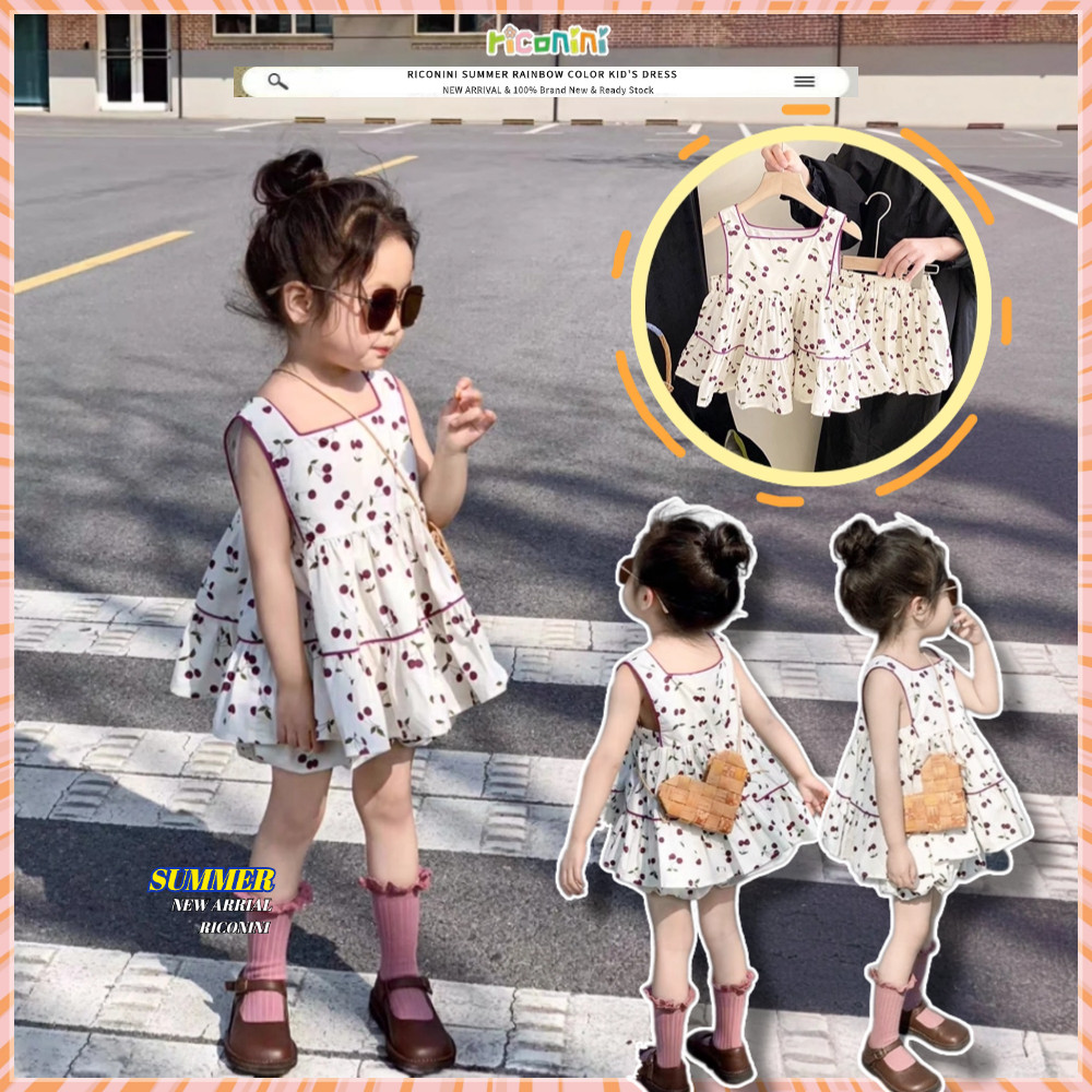 สาวฤดูร้อนเชอร์รี่เกาหลีพิมพ์2ชิ้นชุด | แขนกุดตุ๊กตาด้านบน & บานสะพรั่ง กางเกงขาสั้นเด็กวัยหัดเดินเด็ก 2-8ย | ชุดวันเกิดพร้อมรูปถ่ายน่ารัก