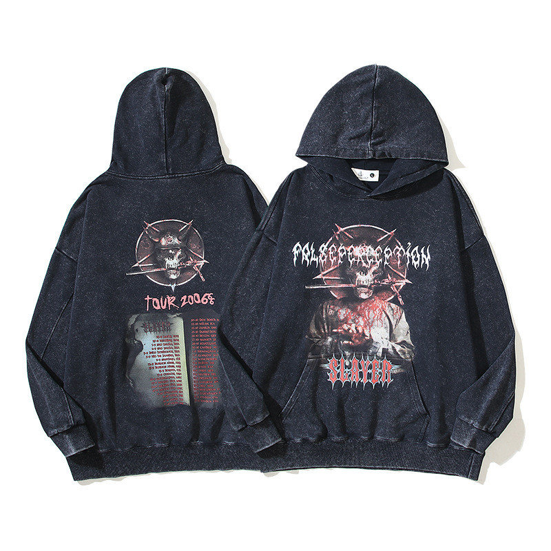 American High Street Skull kanye Distressed Retro Wash Water kenijima Hooded Sweatshirt Hoodie Unise