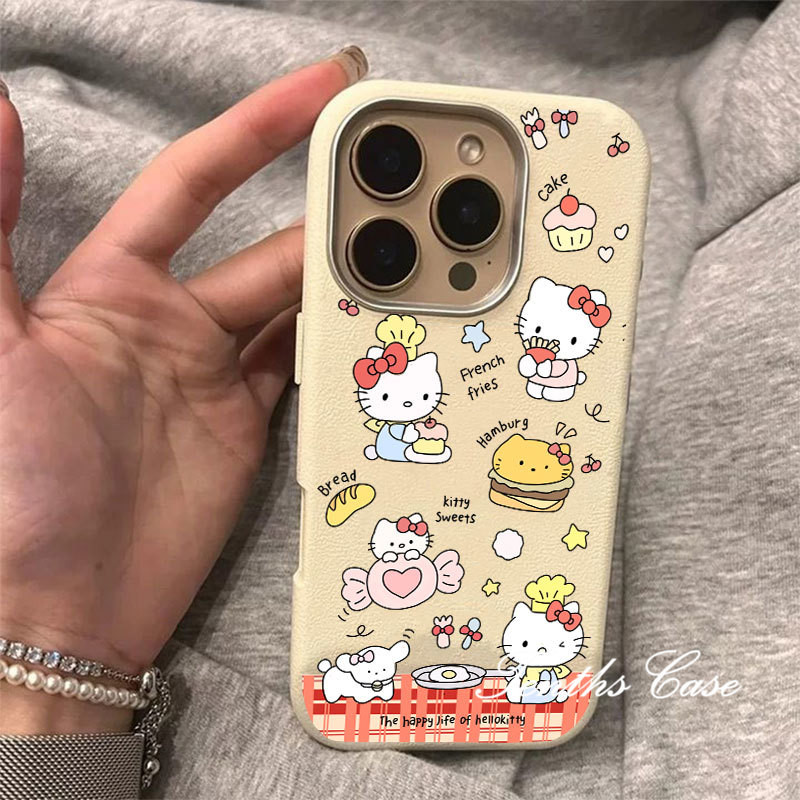SAMSUNG สําหรับsamsung S25 S24 S23 A22 A21 S20FE Plus Ultra A11 A21s A73 A72 ขนมปังน่ารักKittyหนังธรรมดารูปแบบเลนส์ชุบกรอบเคสโทรศัพท์ปกอ่อน