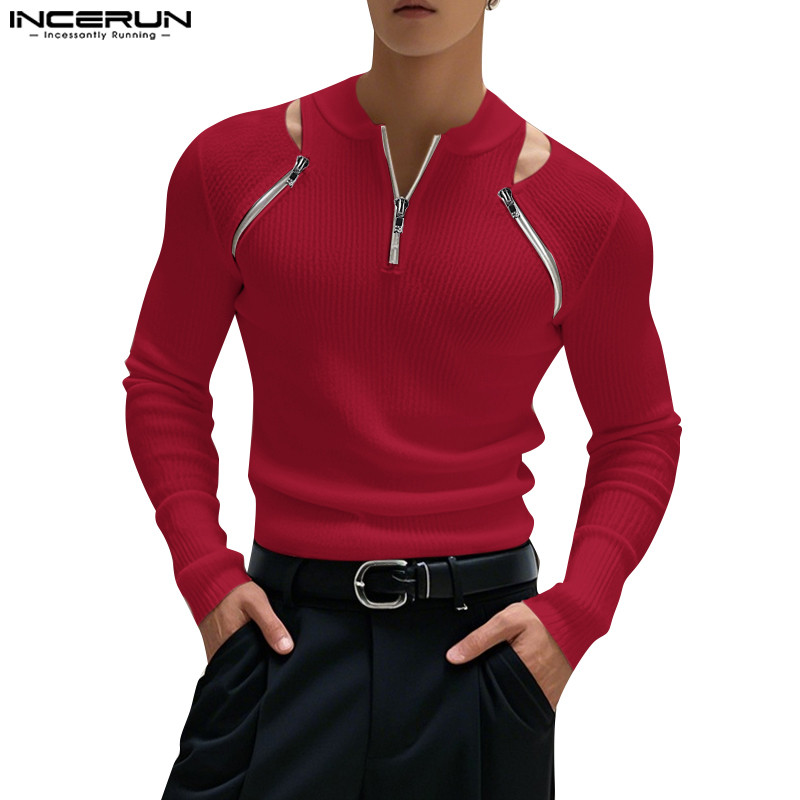 Incerun Men Korean Street Fashion Half-Zip Design Long Sleeve Hollow Out เสื้อยืด