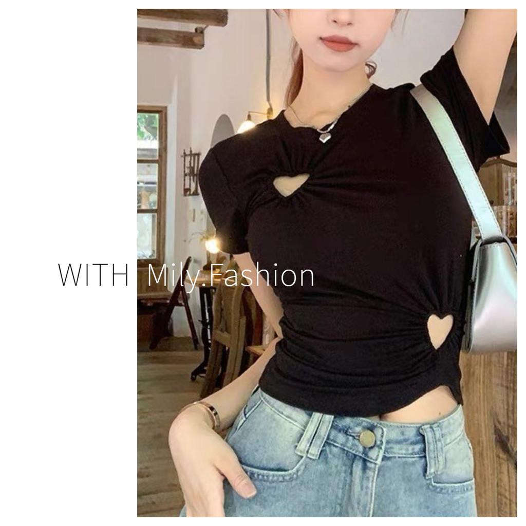 Milyfashion Design Feeling Love Heart Hollow เสื้อยืดแขนสั้นไหล่ฤดูร้อนสาวร้อน Slim-fit
