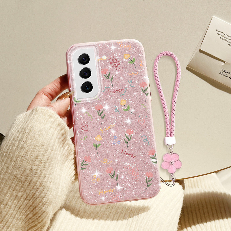 สําหรับ Samsung Galaxy S22 Plus S21 S22 Ultra S21 FE S22 + เต็มหน้าจอเงาดอกไม้ขนาดเล็กวัสดุ IMD Anti Drop Hard เคสโทรศัพท์ดอกไม้แขวนเชือก