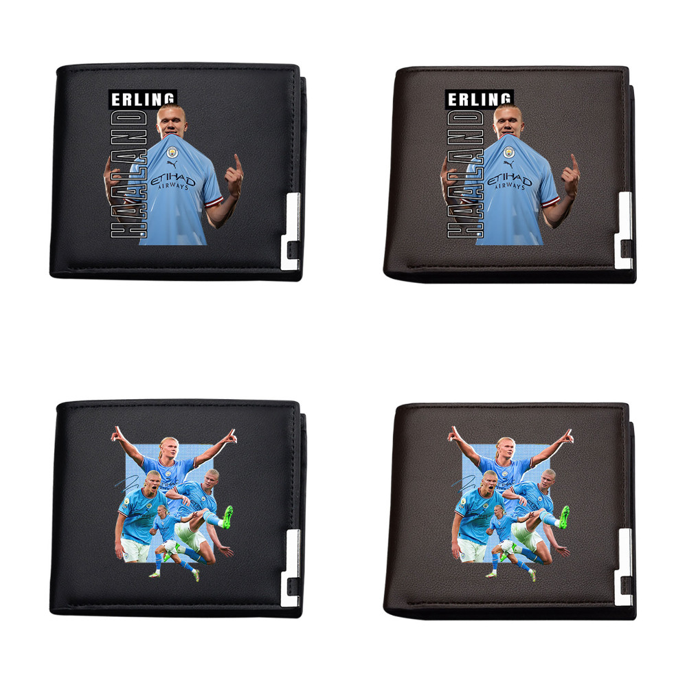 กระเป๋าสตางค์ใบสั้น แนวนอนโลหะ Trim Bifold ผู้เล่นฟุตบอลสัญลักษณ์โลโก้ No.9 Erling Haaland Card Hold