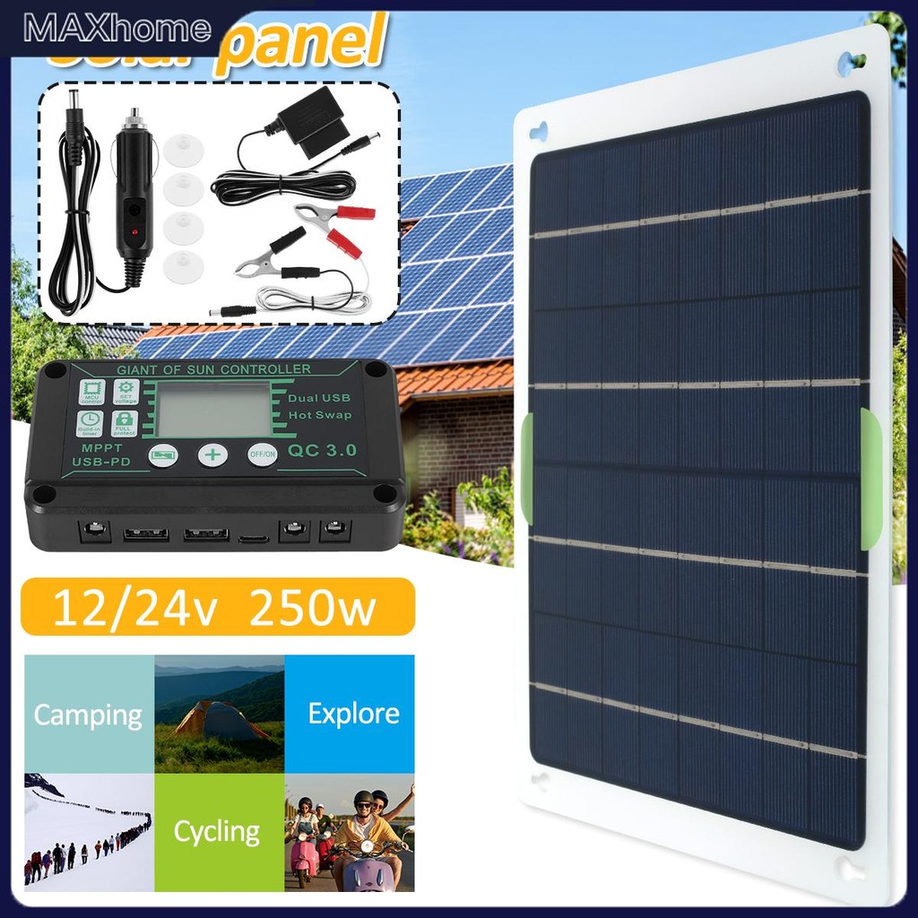 แผงพลังงานแสงอาทิตย์ 250W 12V/24V Solar Cell เครื่องชาร์จพลังงานแสงอาทิตย์แบบพกพาชุดชาร์จพร้อมคอนโทรลเลอร์ IP65 กันน้ํา SHOPTKC6091