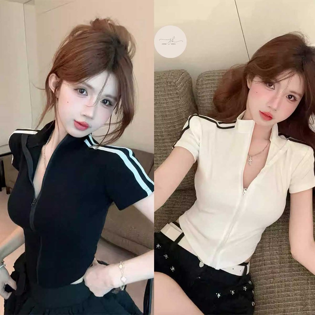 เสื้อยืดซิปสไตล์อเมริกันสำหรับสาวๆ หน้าร้อน