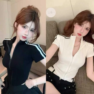 เสื้อยืดซิปสไตล์อเมริกันสำหรับสาวๆ หน้าร้อน