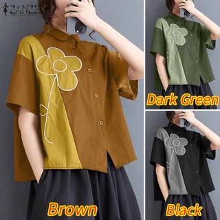 Zanzea เสื้อเชิ้ตแขนสั้นพิมพ์ลายดอกไม้สไตล์เกาหลีสําหรับผู้หญิง