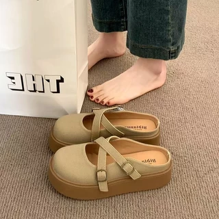 One for all พร้อมส่งจากไทย TX641 รองเท้าเเตะครึ่งส้นแบบสวม หนังกลับ แบบสายไขว้ หนา1.5นิ้ว สำหรับผู้หญิง
